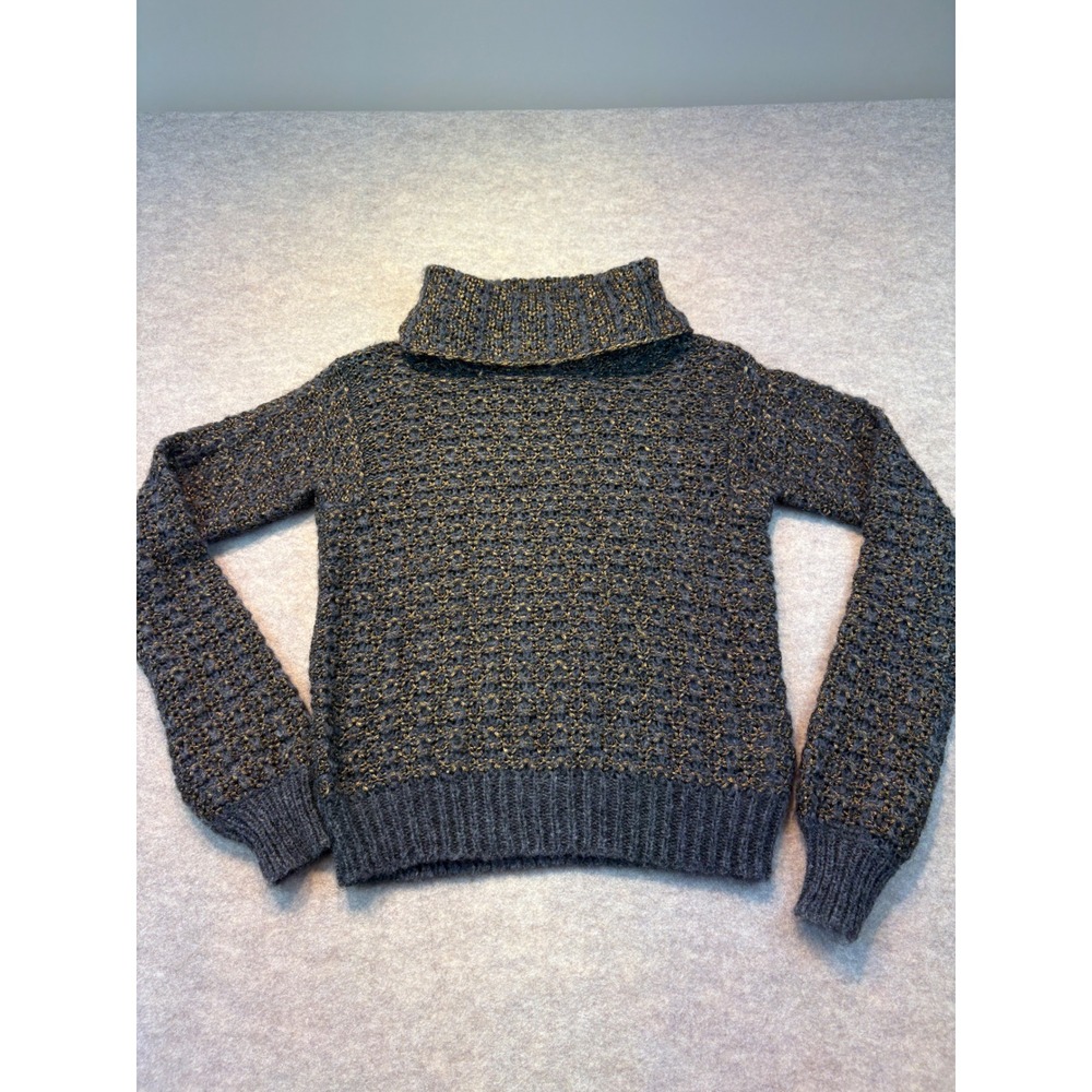 Rachel Roy Womens Small Grey Gold Metallic Knit Mohair Wool Cowl Neck Sweater